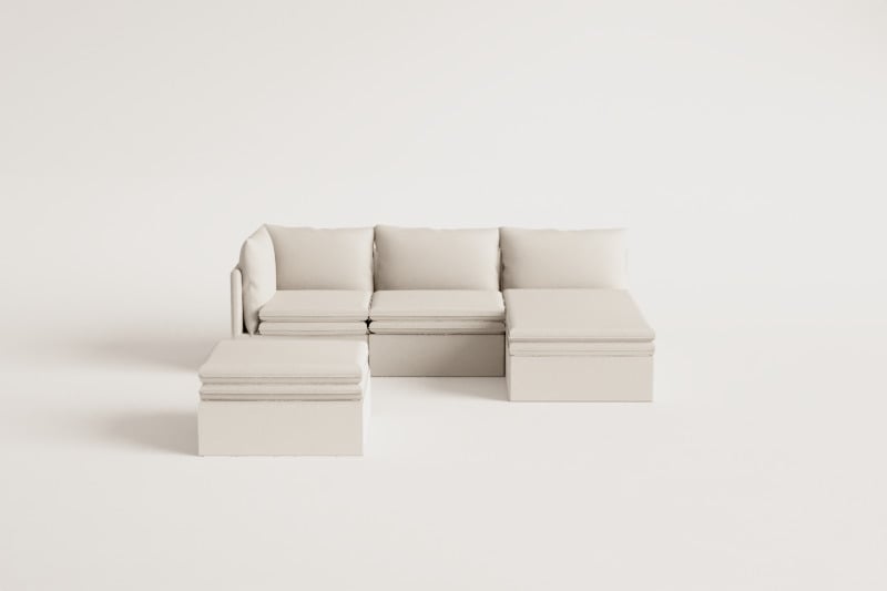 Dreiteiliges modulares Chaiselongue-Sofa und Pouf „Grace“ aus Leinen und Baumwolle