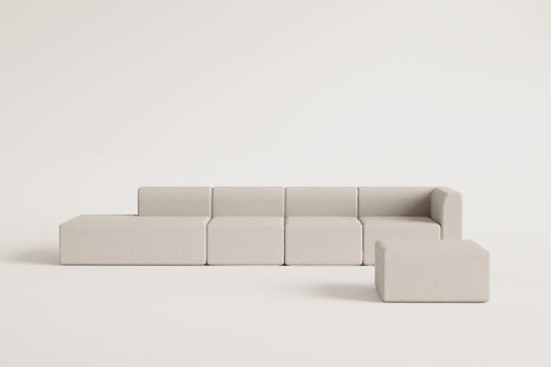 4-teiliges modulares Ecksofa mit Chaiselongue links und Fogler-Hocker