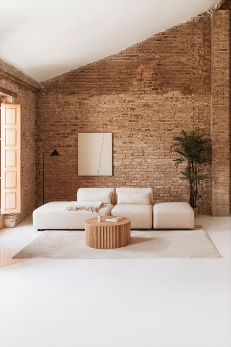 Modulares 2-Sitzer-Sofa mit linker Chaiselongue und Hocker Fogler - Teddystoff Cremebeige