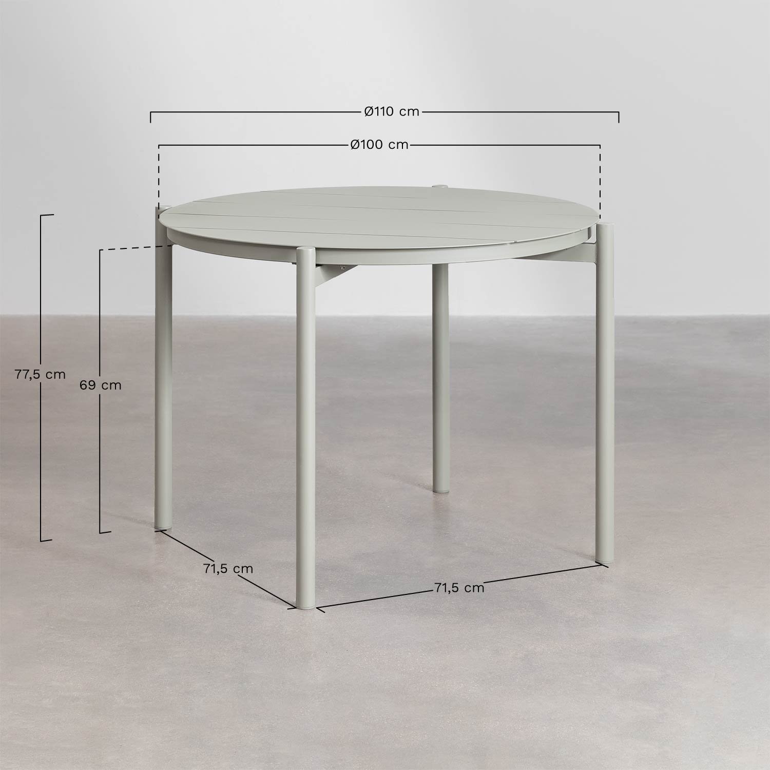 Runder Aluminiumtisch-Set (Ø110 cm) Elton und 4 Esszimmerstühle Lynette, MAßE