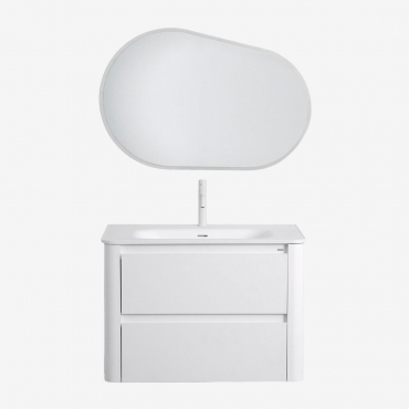 Badezimmermöbelset Aus Holz Mit Integriertem Waschbecken Und Egerton-spiegel Weiss & Oval Led Und Anti-beschlag 100x65 Cm Meunier & Weiss - Sklum