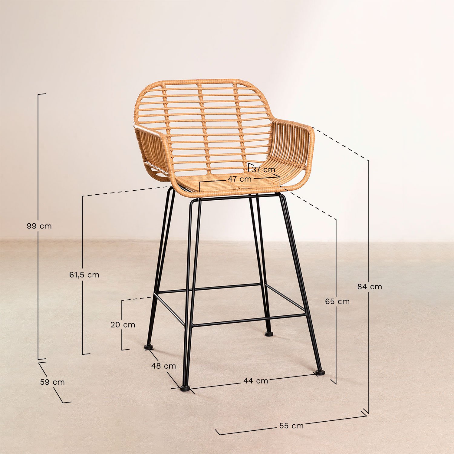 Hoher Gartenhocker aus synthetischem Eska-Rattan, MAßE
