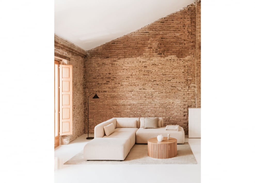 3-teiliges modulares Ecksofa mit Chaiselongue rechts und Fogler-Hocker