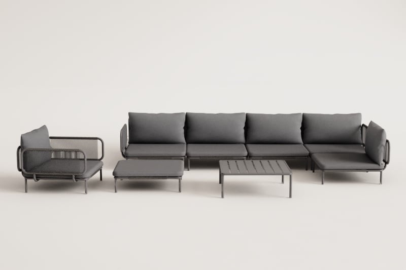 5-teiliges modulares Garten-Ecksofa mit Pouf, Sessel und Roubly-Couchtisch  