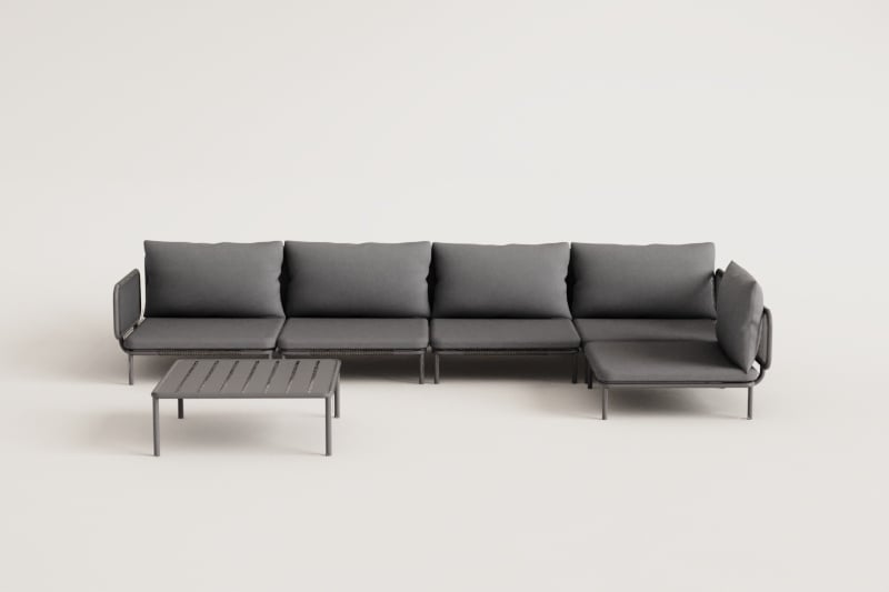 5-teiliges modulares Eckgartensofa und Roubly-Couchtisch 