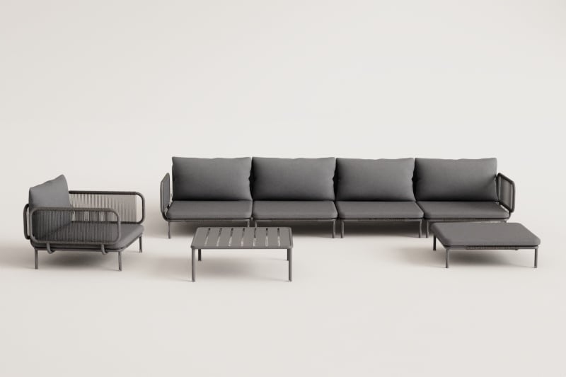 4-teiliges modulares Gartensofa mit 2 Ecksesseln, Hocker, Sessel und Roubly-Couchtisch 