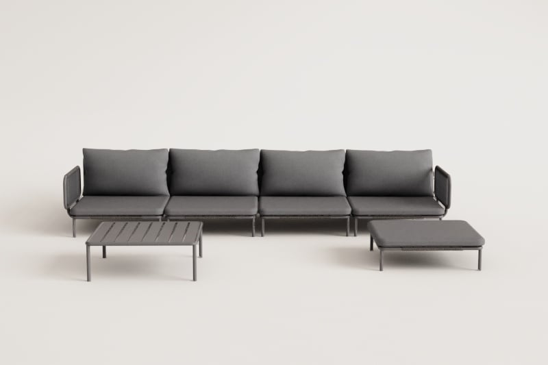 4-teiliges modulares Gartensofa mit 2 Ecksesseln, Hocker und Roubly-Couchtisch 