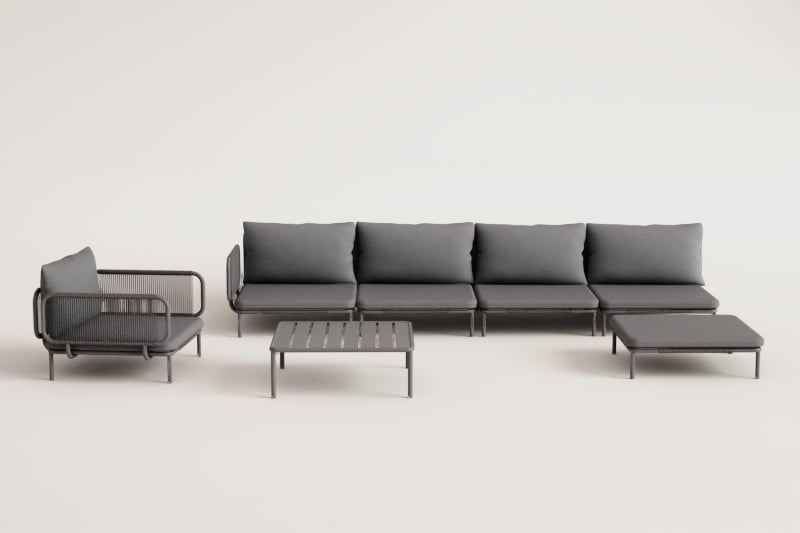 4-teiliges modulares Eckgartensofa mit Pouf, Sessel und Roubly-Couchtisch 