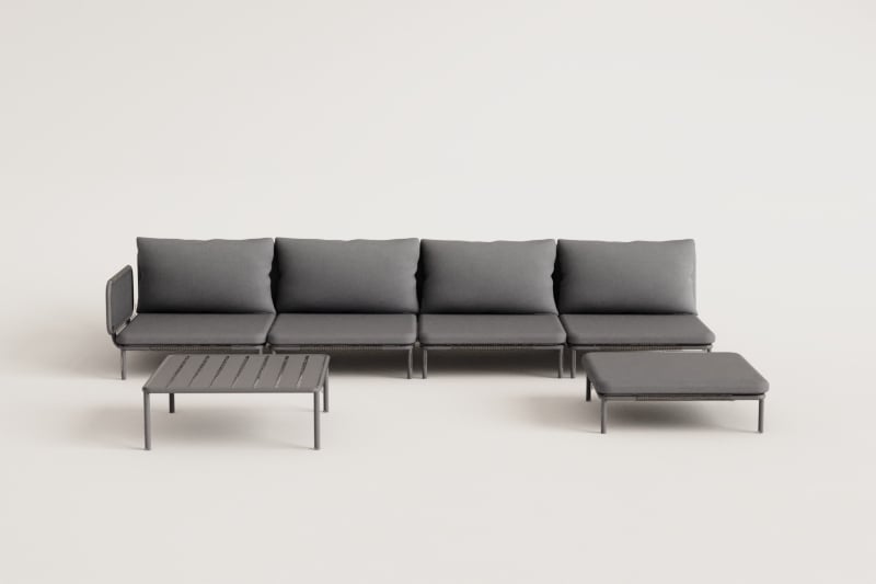 4-teiliges modulares Eckgartensofa, Hocker und Couchtisch Roubly 