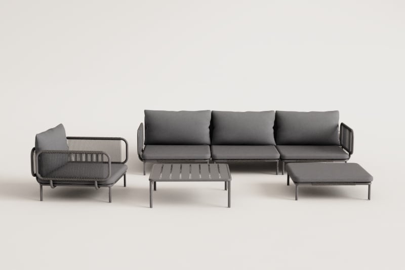 3-teiliges modulares Gartensofa mit 2 Ecksesseln, Hocker, Sessel und Roubly-Couchtisch 