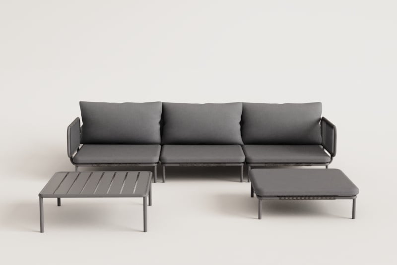 3-teiliges modulares Gartensofa mit 2 Ecksesseln, Hocker und Couchtisch Roubly