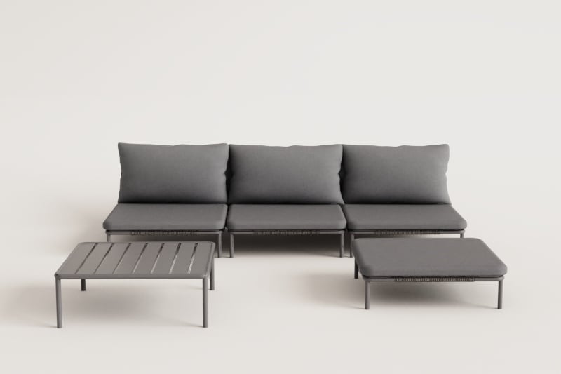 3-teiliges modulares Gartensofa, Hocker und Couchtisch Roubly