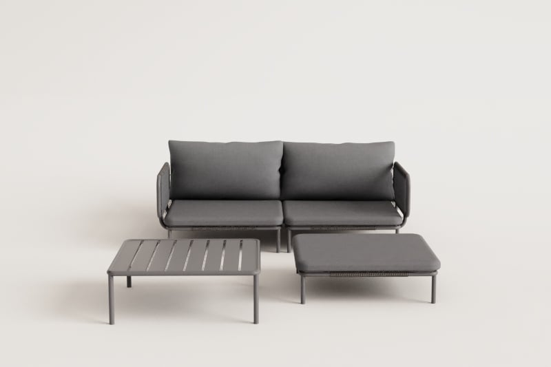 2-teiliges modulares Gartensofa mit 2 Ecksesseln, Hocker und Roubly-Couchtisch