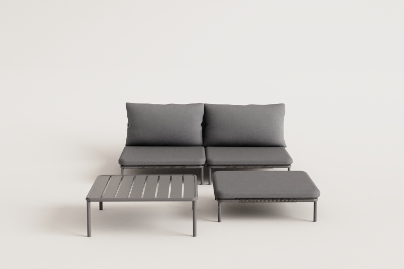 2-teiliges modulares Gartensofa, Hocker und Couchtisch Roubly