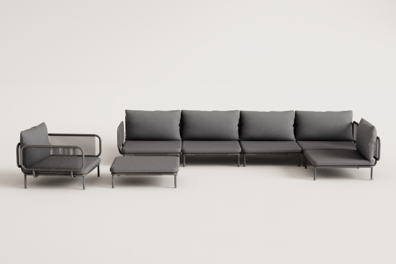 Garten-Set mit 5-teiliger modularer Eckcouch, Hocker und Sessel aus Roubly-Stahl