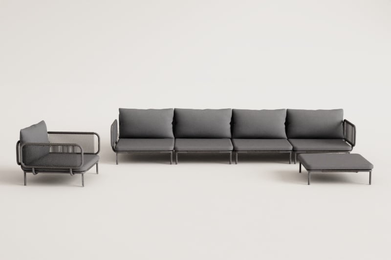 4-teiliges modulares Gartensofa mit 2 Ecksesseln, Pouf und Roubly-Sessel 