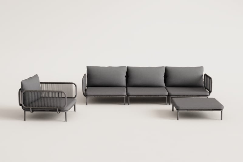 3-teiliges modulares Gartensofa mit 2 Ecksesseln, Pouf und Roubly-Sessel