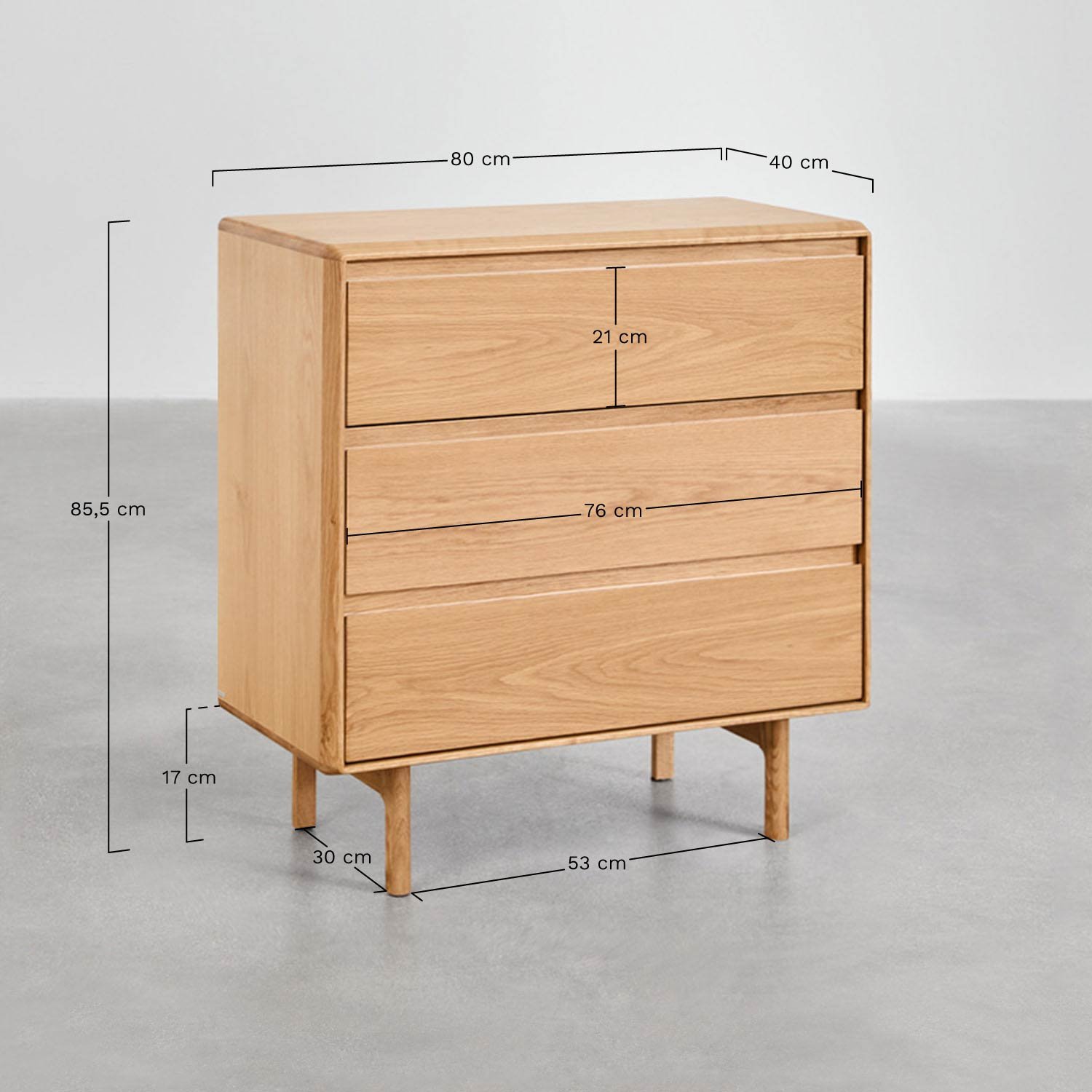 Treveris Kommode aus Holz mit 3 Schubladen, MAßE