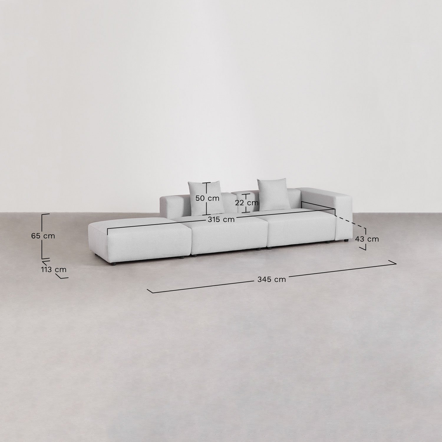 2-teiliges modulares Ecksofa mit hohem Armlehne und Hocker ↔︎345 cm Bruna, MAßE