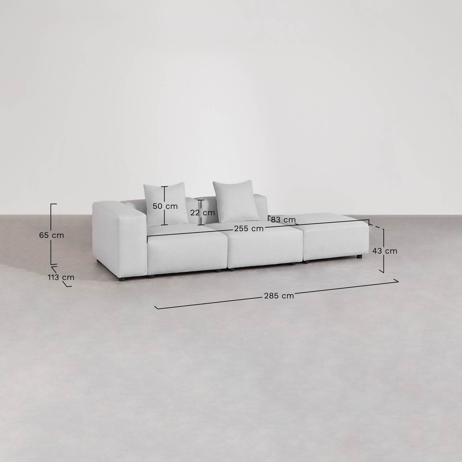 2-teiliges modulares Ecksofa links mit hoher Armlehne und Hocker ↔︎285 cm Bruna, MAßE