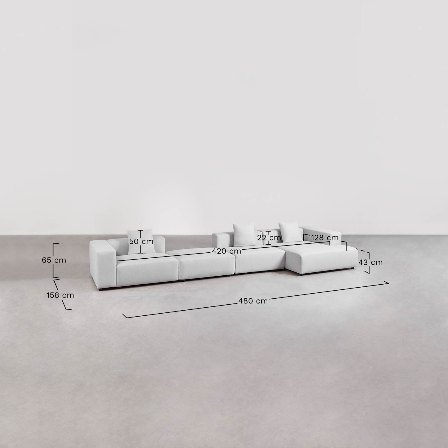 Modulares Sofa mit rechter Chaiselongue, 3-teilig mit hoher Armlehne und Hocker ↔︎480 cm Bruna, MAßE