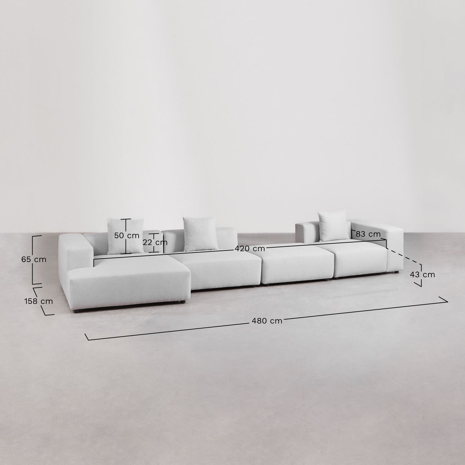 Modulares Sofa mit linker Chaiselongue, 3-teilig mit hoher Armlehne und Hocker ↔︎480 cm Bruna, MAßE