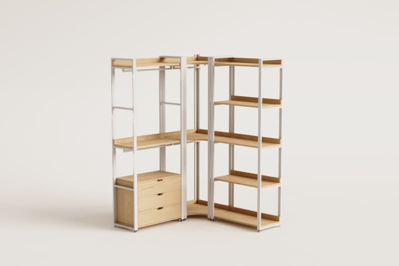 3-teiliger modularer offener Eckschrank mit Schubladen aus Stahl und Holz Ariaster 