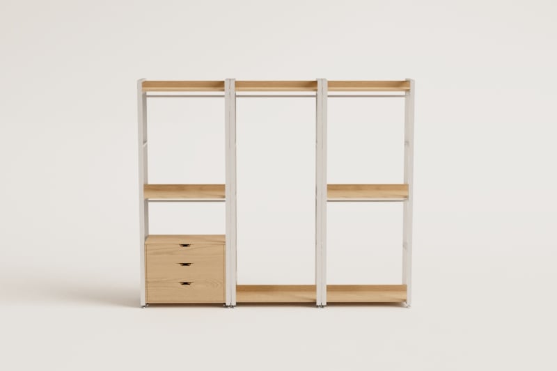 3-teiliger offener modularer Kleiderschrank mit Schubladen aus Stahl und Holz Ariaster