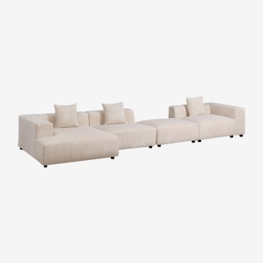 Modulares Sofa Mit Linker Chaiselongue, 3-teilig, Mit Hoher Armlehne Und Hocker (↔︎480 Cm) Bruna Kord Beige Leinen - Sklum