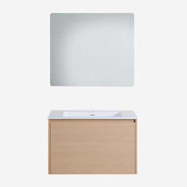 Badezimmermöbel-set Aus Holz Mit Integriertem Waschbecken Jacob Braun Natur & Rechteckig Led Und Anti-beschlag 80x70 Cm Gualar & Ohne Wasserhahn -