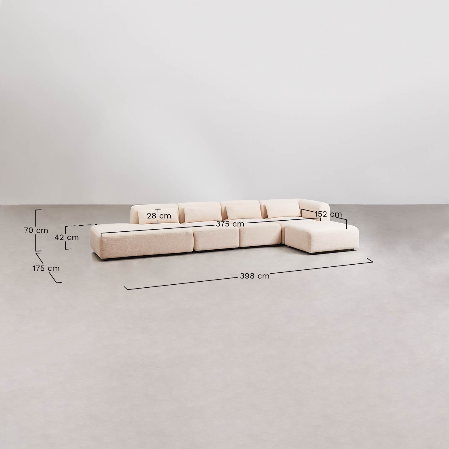 4-teiliges Ecksofa Fogler mit Chaiselongue und Pouf links, MAßE