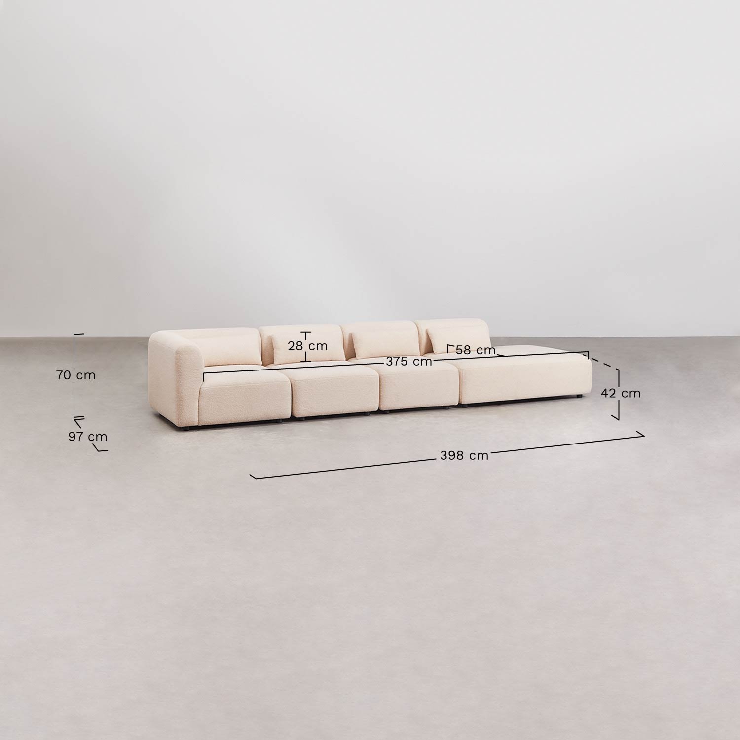 4-teiliges modulares Ecksofa Fogler mit rechter Chaiselongue, MAßE