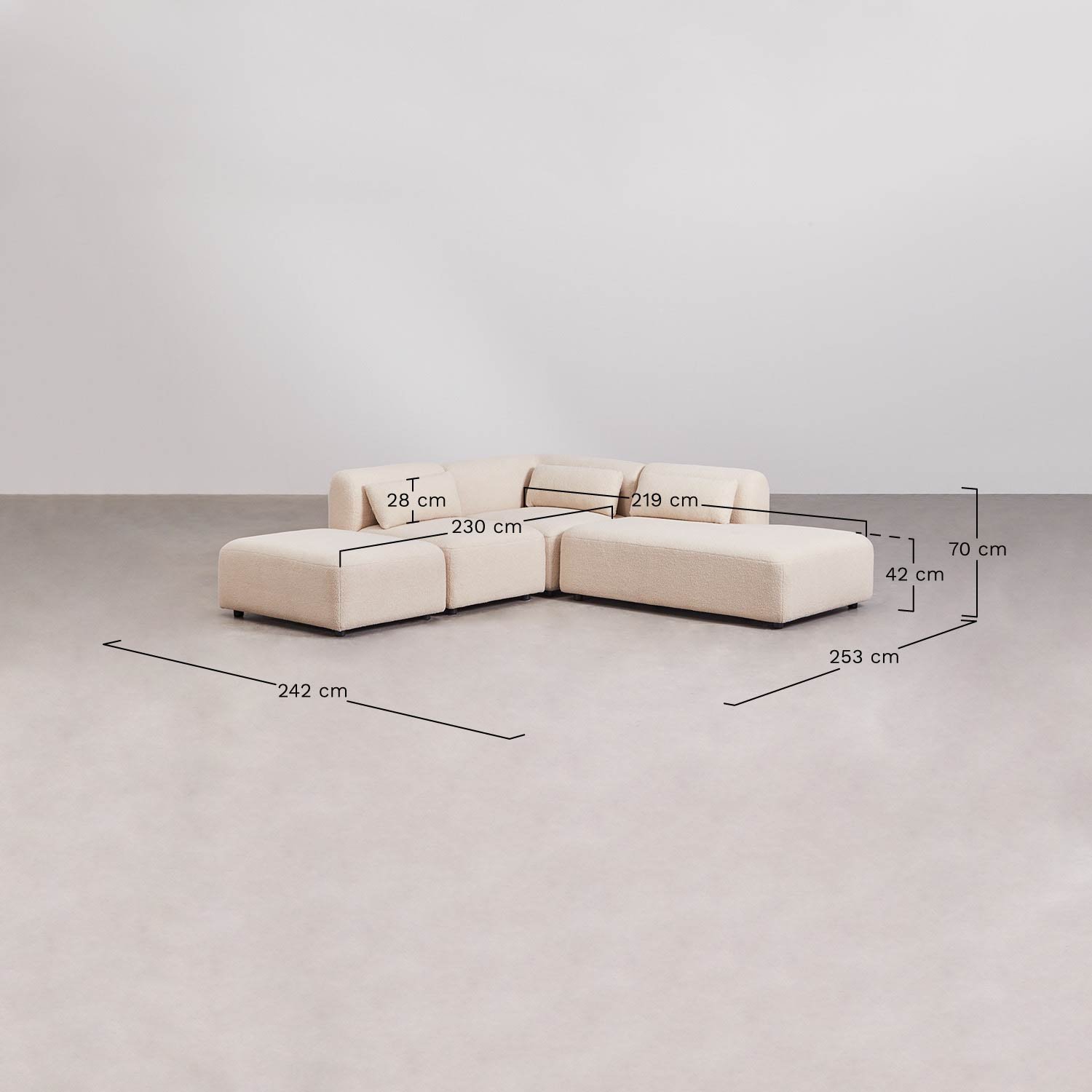 3-teiliges modulares Ecksofa mit Chaiselongue rechts und Fogler-Hocker, MAßE