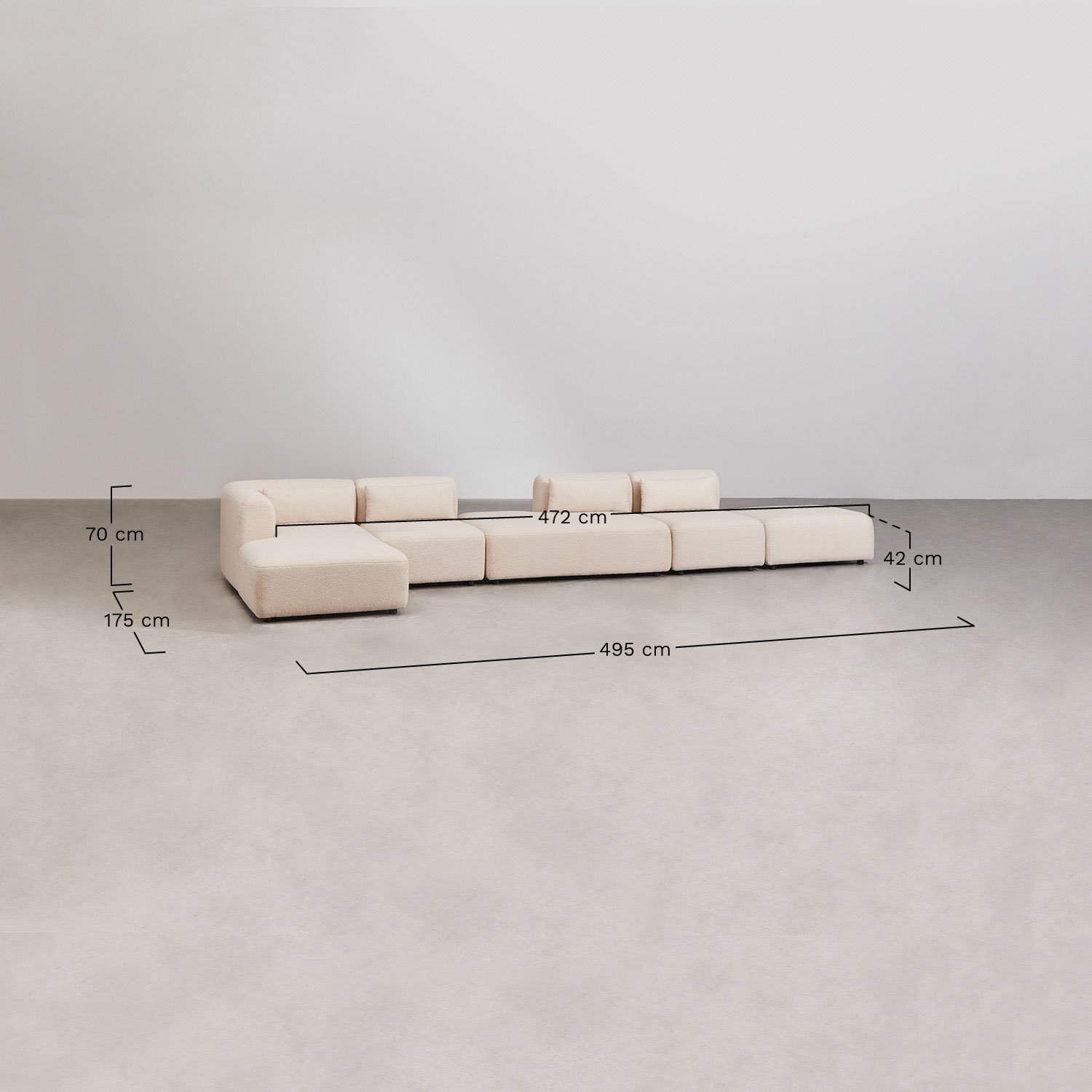 4-teiliges modulares Chaiselongue-Sofa in der linken Ecke mit Chaiselongue und Puff Fogler, MAßE
