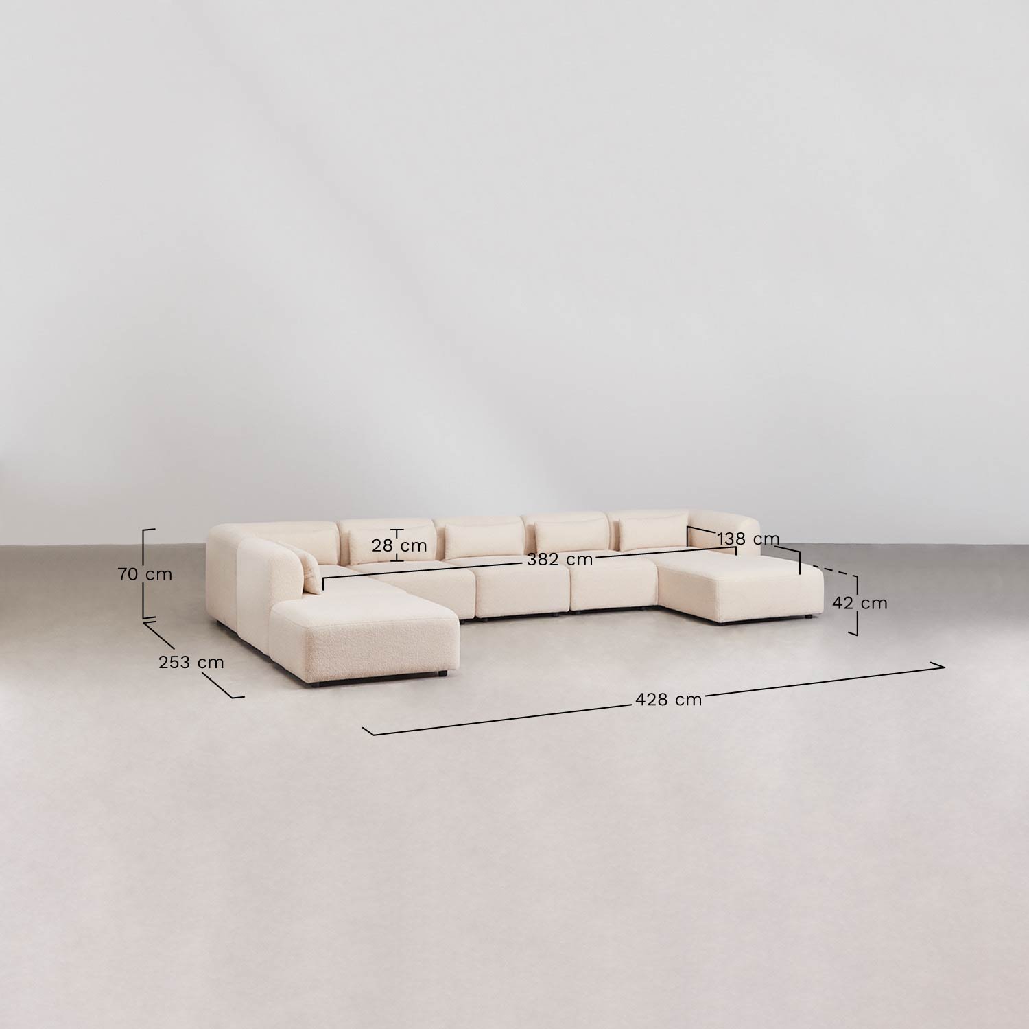 Modulares 6-teiliges Ecksofa mit Ottomane rechts und Hocker Fogler, MAßE