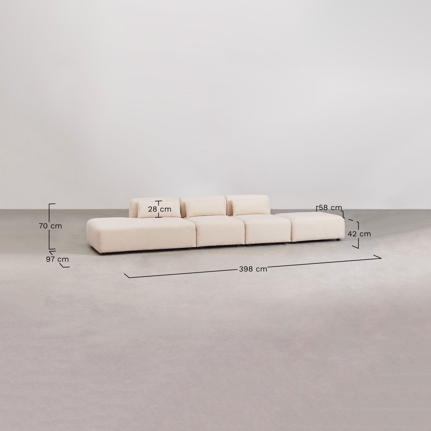 3-teiliges modulares Sofa mit Chaiselongue links und Fogler-Hocker, MAßE