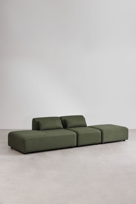 Modulares 2-Sitzer-Sofa mit linker Chaiselongue und Hocker Fogler - Teddystoff Salbeigrün