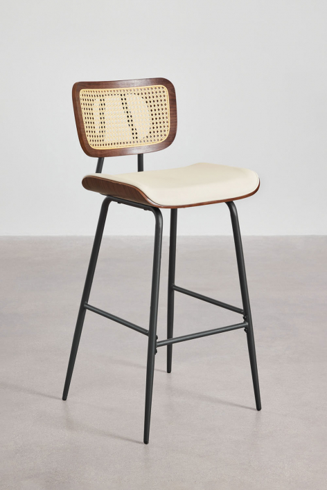 2er-Pack Barhocker 75 cm aus dunklem Holz Rattan und gebrochen weißem Kunstleder Raysa - Kunstleder Eierschale