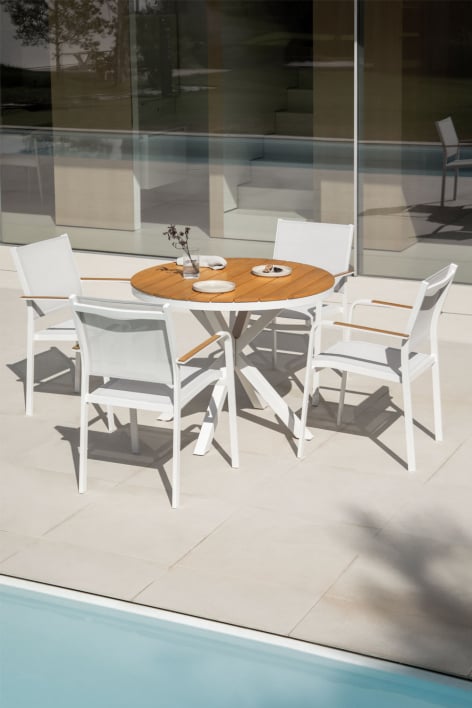 Runder Esstisch Ø100 cm aus Eukalyptusholz und 4 stapelbare Gartenstühle aus Aluminium Archer - Gardenia Weiß