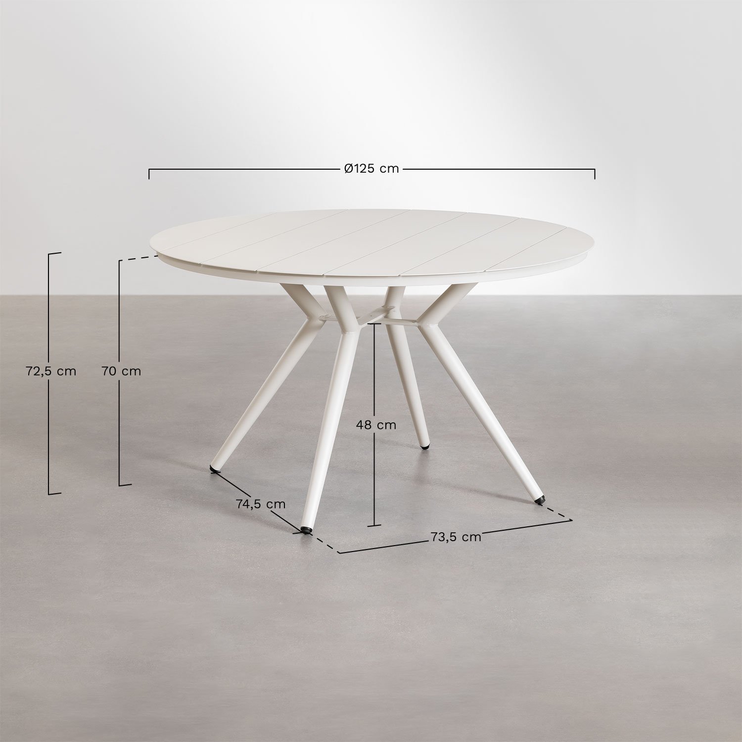 Set aus rundem Tisch Ø125 cm Valerie und 6 Gartenstühlen aus Aluminium Omara, MAßE