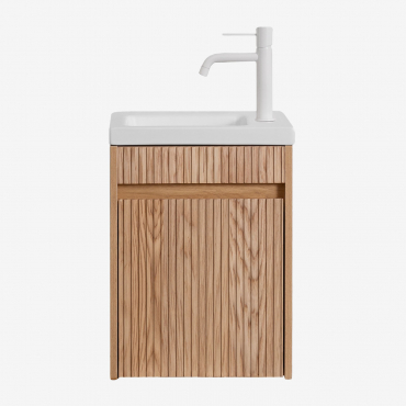 Badezimmerset Aus Holz Mit Integriertem Waschbecken Narek Esche Braun & Ohne Spiegel & Weiss ↑20 Cm Mit Ablassventil Ohne - Sklum