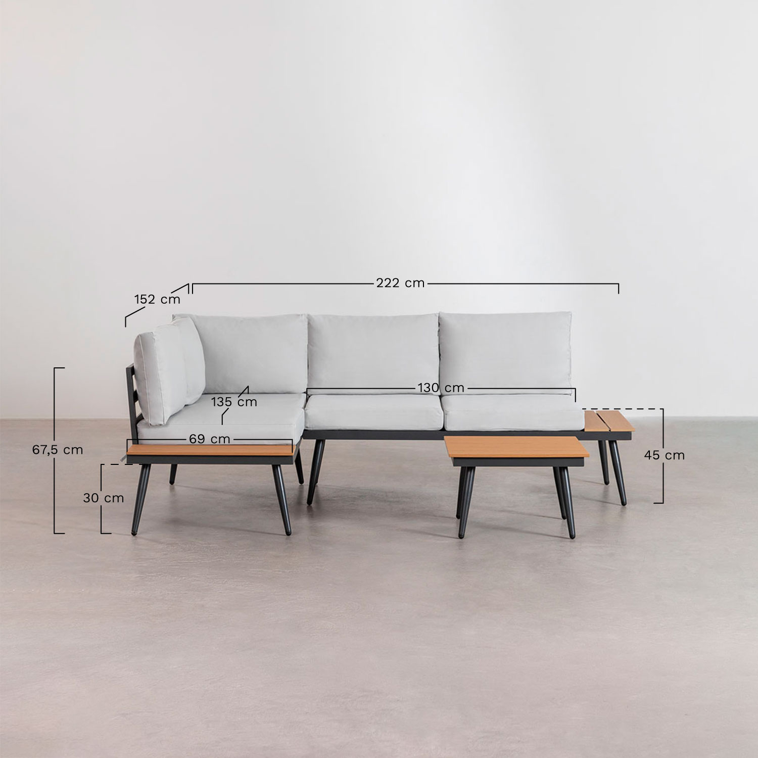 Gartenset mit 4-Sitzer-Ecksofa und Couchtisch aus Aluminium und Nadi-Holz, MAßE