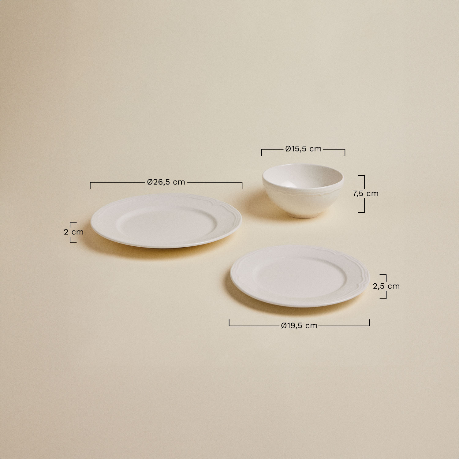 Geschirrset aus New Bone China, 12-teilig, Oritia, MAßE