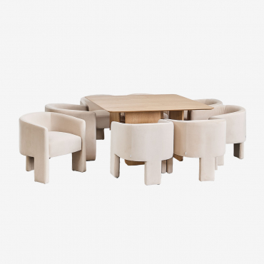 Quadratischer Tisch Aus Mdf Und Eschenfurnier (140 X 140 Cm) Ginger Und 8 Esszimmerstühle Aus Xastru-samt Natürlich - Sklum
