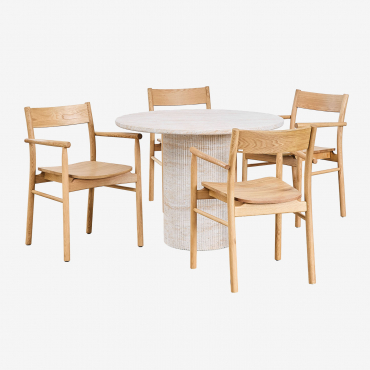Runder Velia-tisch Aus Zement In Travertin-optik (ø 100 Cm) Und 4 Mara Signature-esszimmerstühle Aus Eichenholz Travertine - Sklum