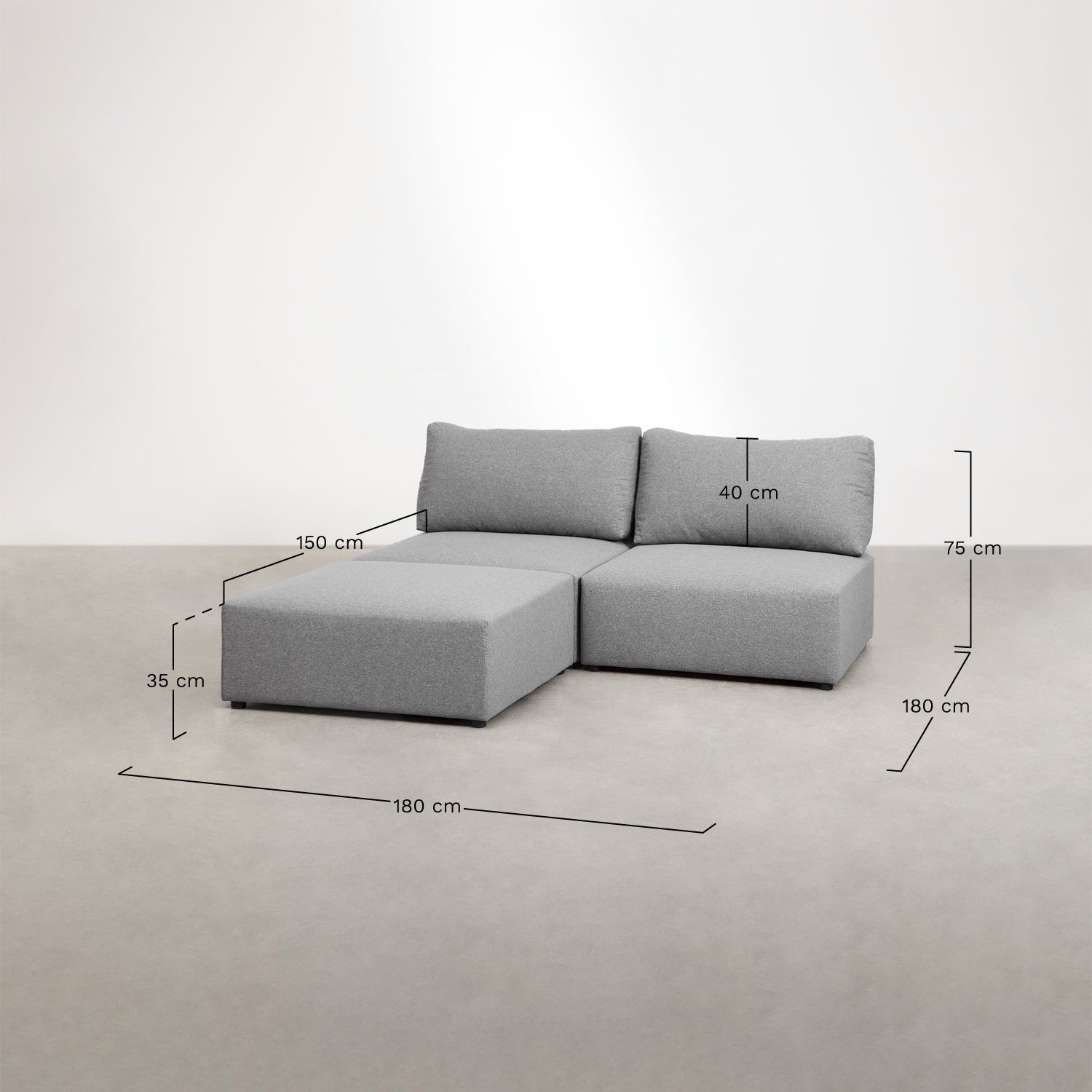 2-teiliges modulares Sofa mit Kata-Hocker, MAßE