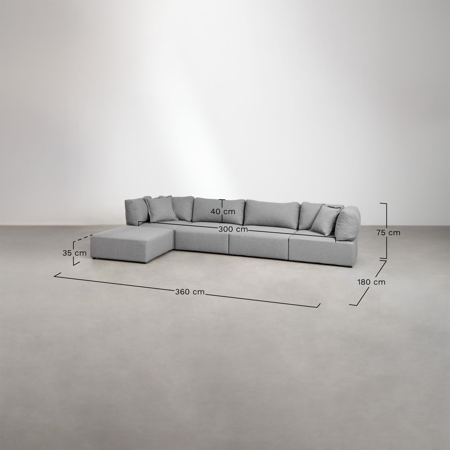 4-teiliges Modulsofa mit 2 Ecksesseln und Kata-Puff   , MAßE