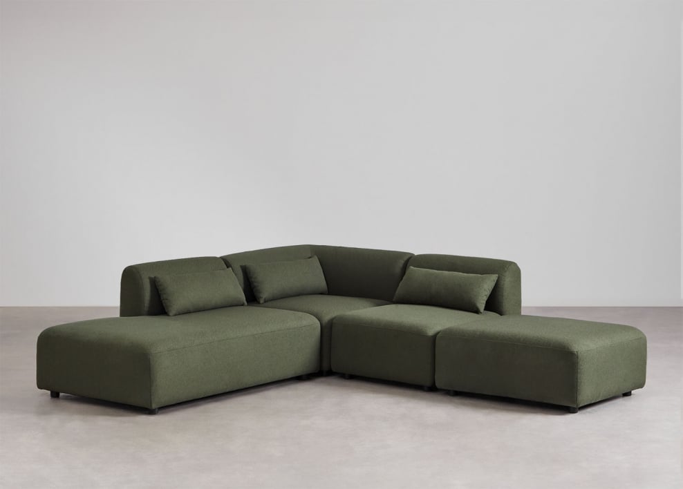 3-teiliges modulares Ecksofa mit Chaiselongue links und Fogler-Hocker - Chenille Grün Salbei