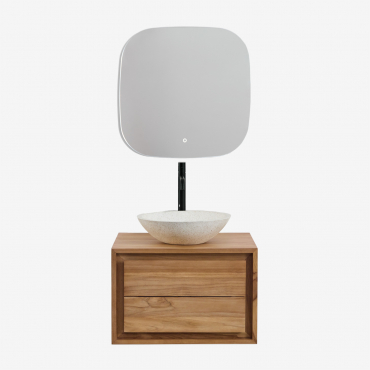 Badmöbelset Aus Jabari-teakholz Teakholz & Rund Zement Weiß Ø40 Cm Zavion & Quadratische Led Und Anti-beschlag 75x75 Cm Tobie - Sklum