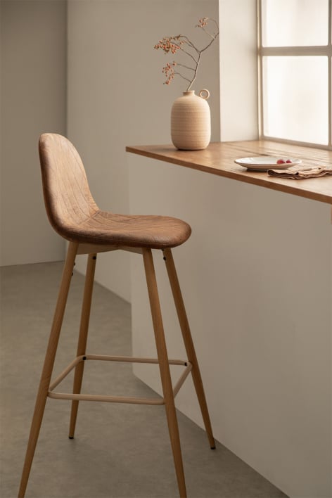 Barhocker 75 cm aus Kaffee Diamant Kunstleder und Beinen mit Holzfinish Natur Glamm